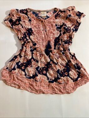 Rose & Olive Navy and Cream Floral Tie-Front Skater Blouse